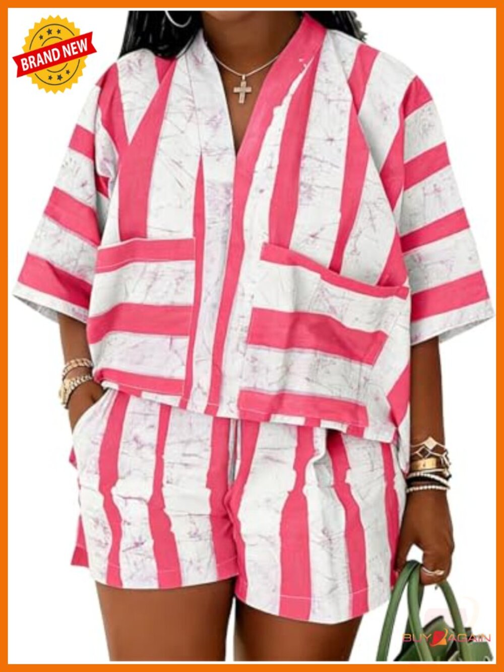 Women 2 Piece Shorts Lounge Set 3/4 Sleeve V Neck Oversized Top Pockets